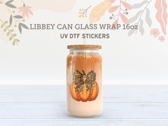 Leopard Bow Pumpkin UV DTF Libbey Wrap | Glitter Fall 16oz Glass Can Sticker UV180