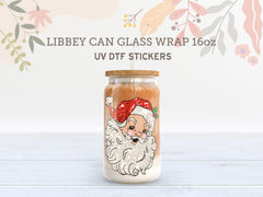 Glitter look Santa Face UV DTF Wrap | 16oz Libbey Glass Sticker UV068