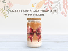 Red Glitter Bow UV DTF Wrap | 16oz Libbey Glass Cup Sticker UV075