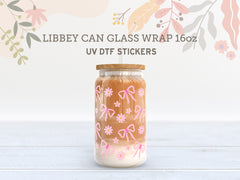 Pink Bow & Flower UV DTF Libbey Wrap – 16oz Glass Can Sticker UV072