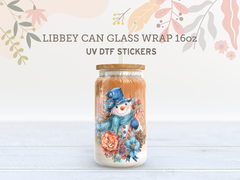 Floral Snowman UV DTF Libbey Wrap | Winter Christmas 16oz Glass Can Sticker UV176