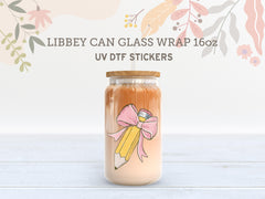 Pencil Bow UV DTF Wrap | 16oz Libbey Glass Cup Sticker UV079