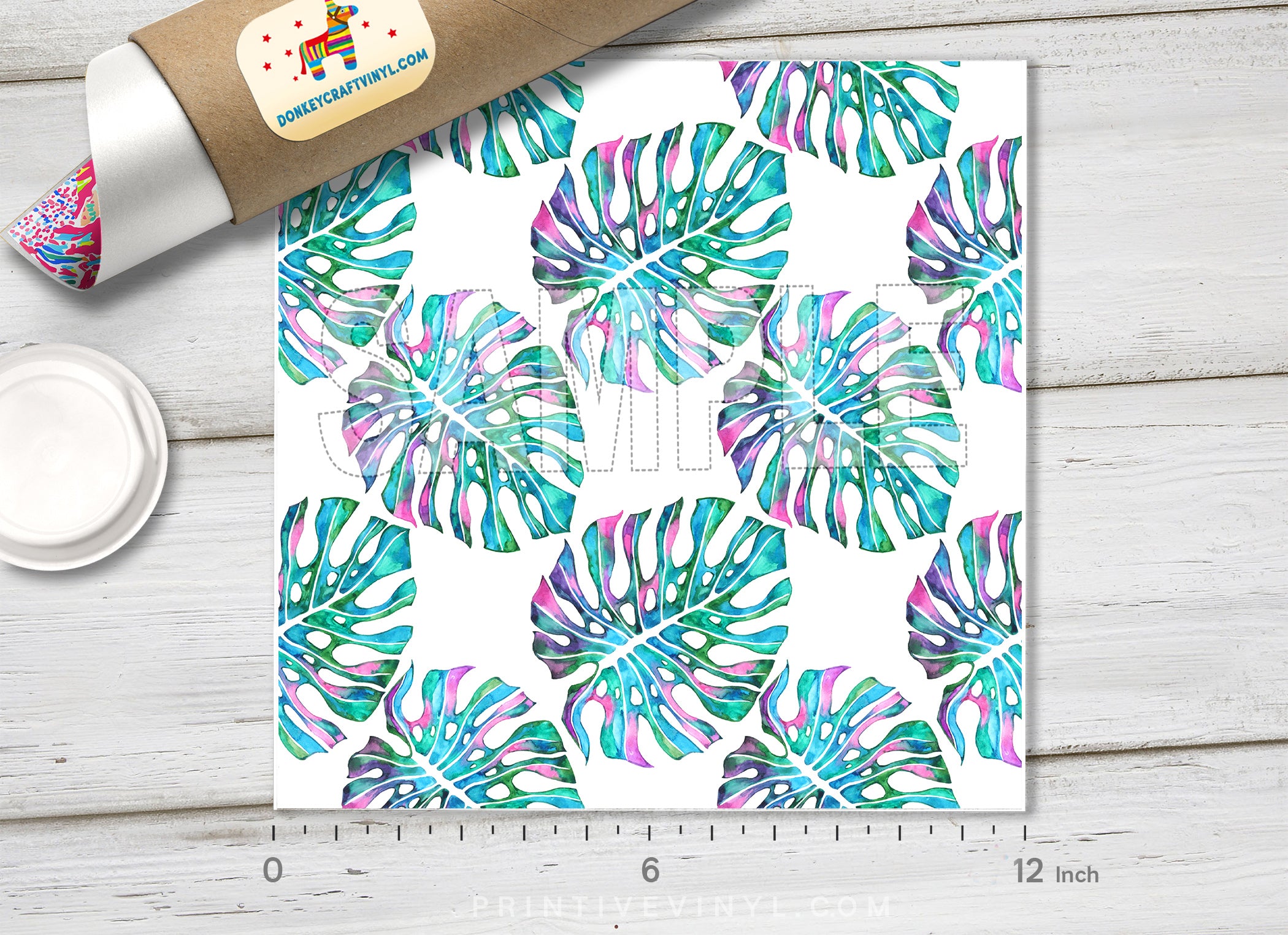 Tropical Watercolor Monstera Leaf Leaves Adhesive Vinyl 1321 - Donkey Craft Vinyl