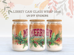 Merry Christmas Holly UV DTF Wrap for 16oz Libbey Glass | Holiday Cup UV149