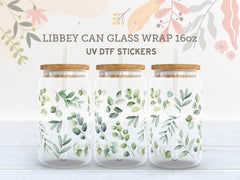 Green Botanical UV DTF Cup Wrap for 16oz Libbey Glass | Leafy Design UV114