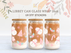 Pink Snowman UV DTF Libbey Glass Wrap 16oz – Christmas Sticker UV058