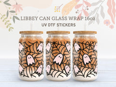 Pink Ghost & Spider Web UV DTF Wrap for 16oz Libbey Glass Can UV033