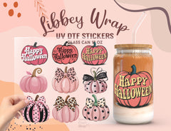Happy Halloween Pink Pumpkin UV DTF Libbey Glass Wrap | 16oz Sticker UV037