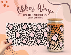Pink Ghost & Spider Web UV DTF Wrap for 16oz Libbey Glass Can UV033