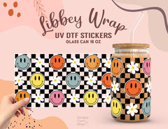 Retro Smiley Face & Daisy Libbey Glass Wrap | UV DTF Sticker 16oz UV029