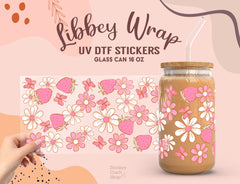 Strawberry Daisy UV DTF Wrap for 16oz Libbey Glass Cup UV101