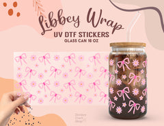 Pink Bow & Flower UV DTF Libbey Wrap – 16oz Glass Can Sticker UV072