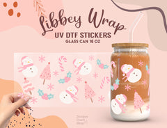 Pink Snowman UV DTF Libbey Glass Wrap 16oz – Christmas Sticker UV058