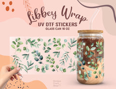 Green Botanical UV DTF Cup Wrap for 16oz Libbey Glass | Leafy Design UV114