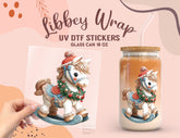 Decorative horse on a Libbey wrap with text about UV DTF stickers for glass can.