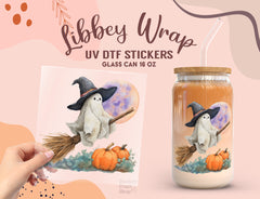 Witch Ghost on Broom UV DTF Libbey Wrap | Halloween 16oz Glass Can Sticker UV158