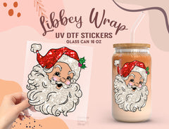 Glitter look Santa Face UV DTF Wrap | 16oz Libbey Glass Sticker UV068