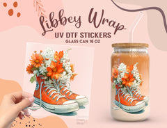 Floral Sneakers UV DTF Libbey Wrap | Retro Orange Flower 16oz Glass Can Sticker UV177