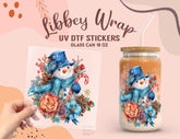 Floral Snowman UV DTF Libbey Wrap | Winter Christmas 16oz Glass Can Sticker UV176