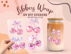 Pink Crystal Cherry Bow UV DTF Libbey Wrap | 16oz Glass Can Sticker UV168