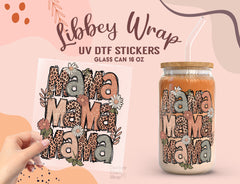 Mama UV DTF Wrap for 16oz Libbey Glass | Floral Leopard Print Sticker UV091