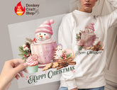Happy Christmas Pink Snowman DTF Transfer for T-shirts, Hoodies, Heat Transfer, Ready for Press Heat Press Transfers DTF177