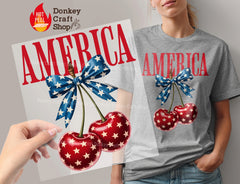 America Patriotic Cherry Bow DTF Transfer, Ready to Press DTF675