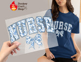 Nurse Blue Floral Coquette Bow DTF Transfer, Ready to Press DTF546 - Donkey Craft Vinyl