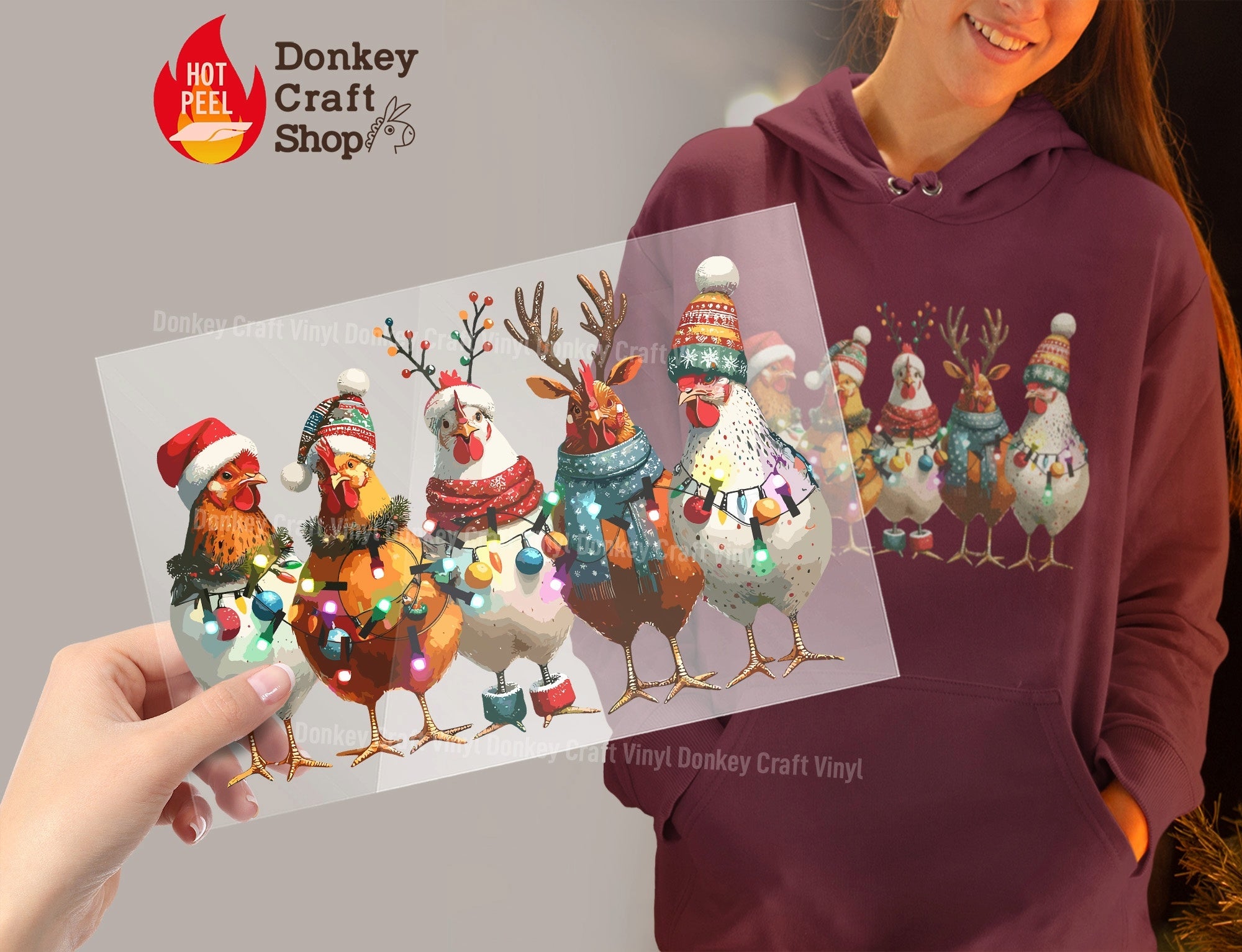 Christmas Chickens String Lights DTF Transfer, Ready to Press DTF483 - Donkey Craft Vinyl