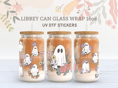 Floral Ghost UV DTF Libbey Glass Wrap | 16oz Halloween Cup Sticker UV043