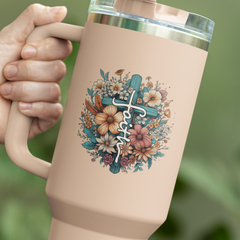 Faith Cross Floral UV DTF Wrap | 16oz Libbey Glass Cup Sticker UV076