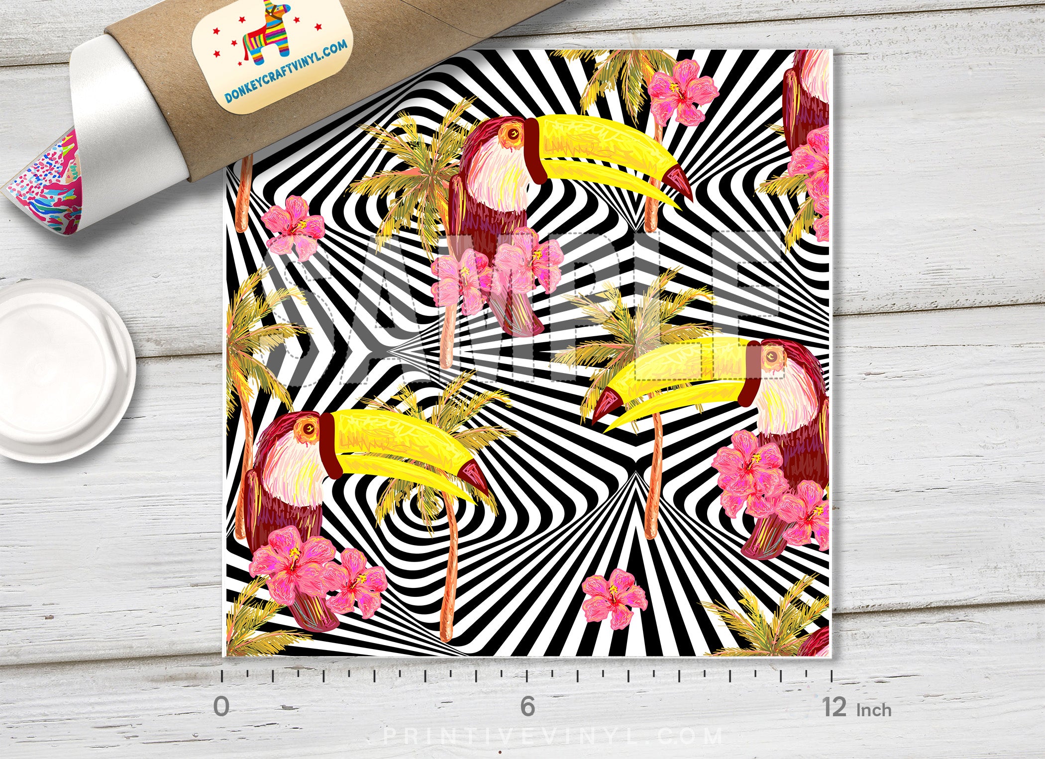 Toucan, palm trees, tropical hibiscus Pattern Printed Vinyl/ Indoor/ Outdoor/ HTV-260 - Printive Vinyl | Patterned Vinyl