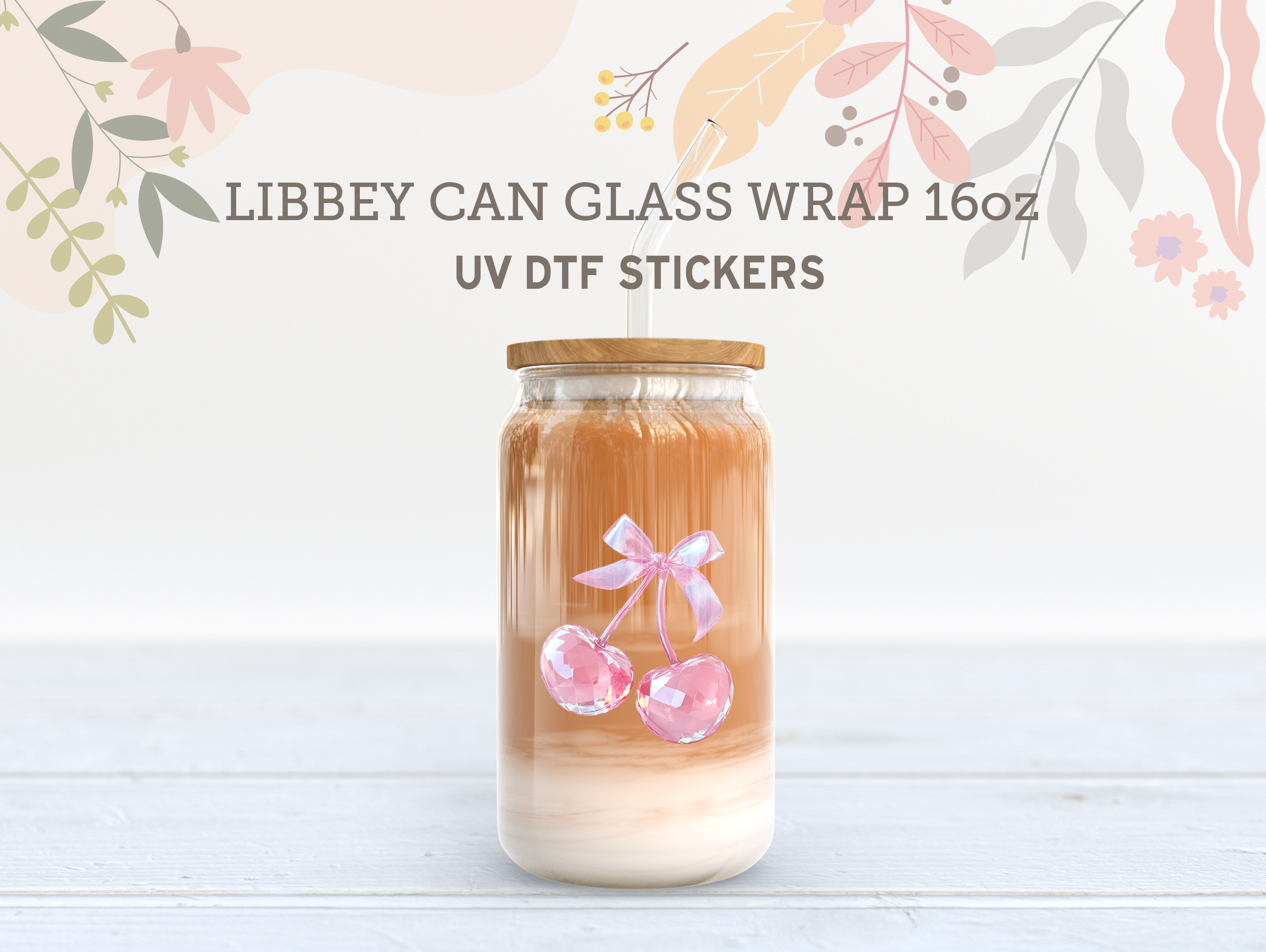Pink Crystal Cherry Bow UV DTF Libbey Wrap | 16oz Glass Can Sticker UV168
