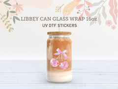 Pink Crystal Cherry Bow UV DTF Libbey Wrap | 16oz Glass Can Sticker UV168