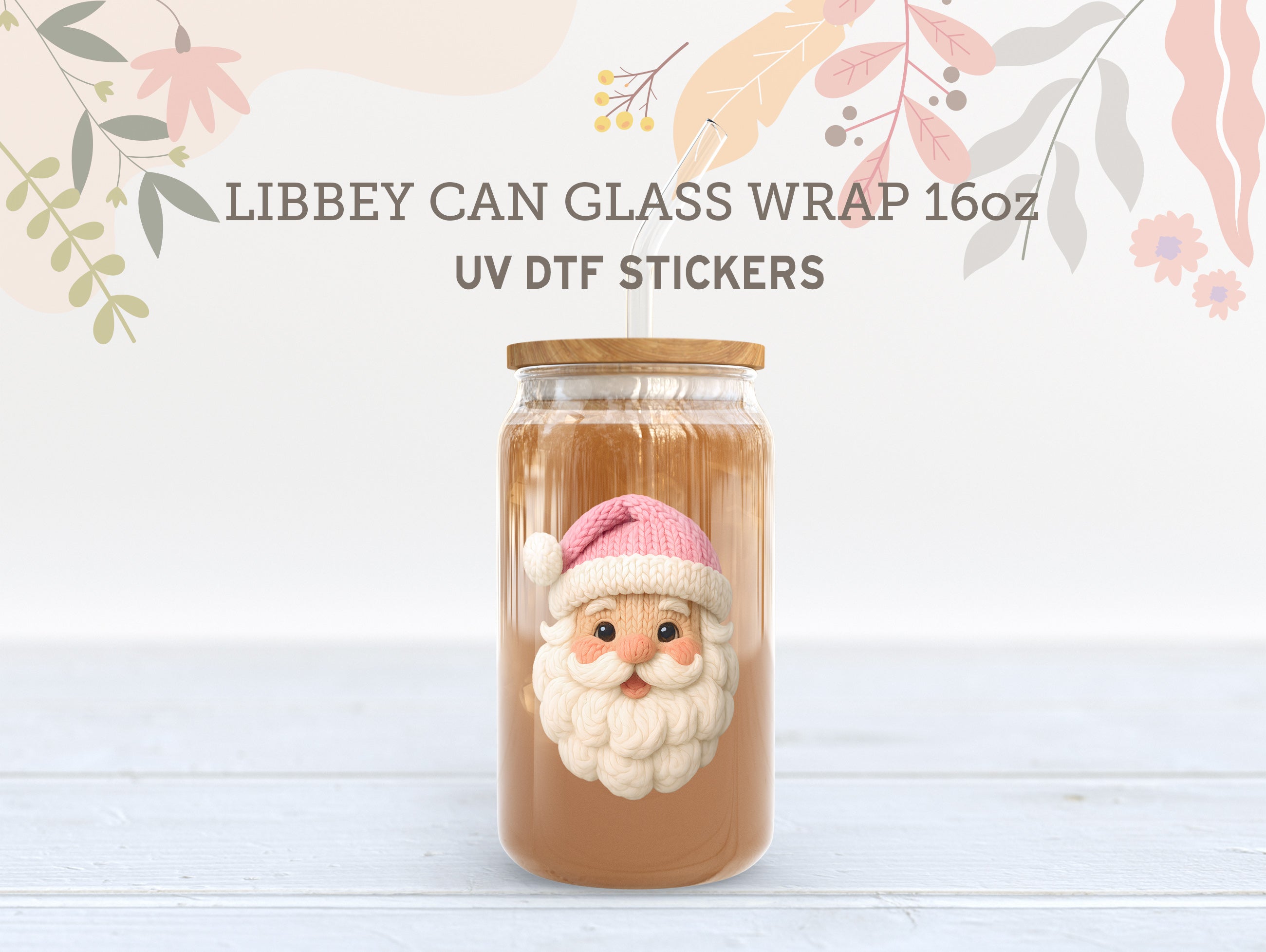 Pink Christmas UV DTF Wrap for 16oz Libbey Glass – Cute Knit Holiday Design UV195