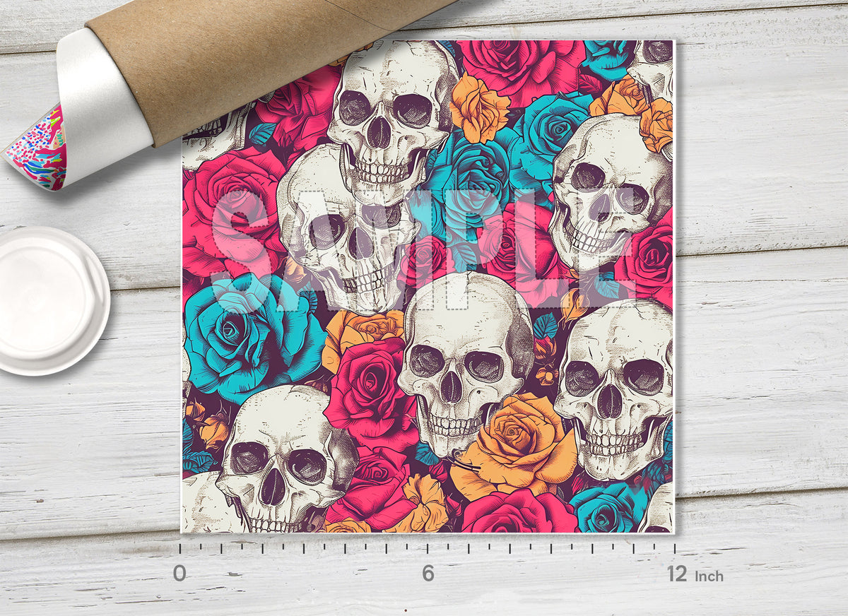 Vintage Skulls and Colorful Roses HTV 1700