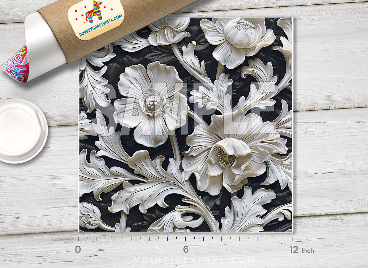 Elegant White Floral Carving Adhesive Vinyl 1684