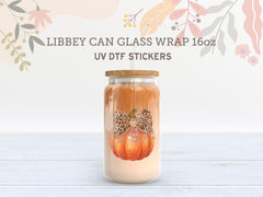 Leopard Bow Pumpkin UV DTF Libbey Wrap | Glitter Fall 16oz Glass Can Sticker UV180