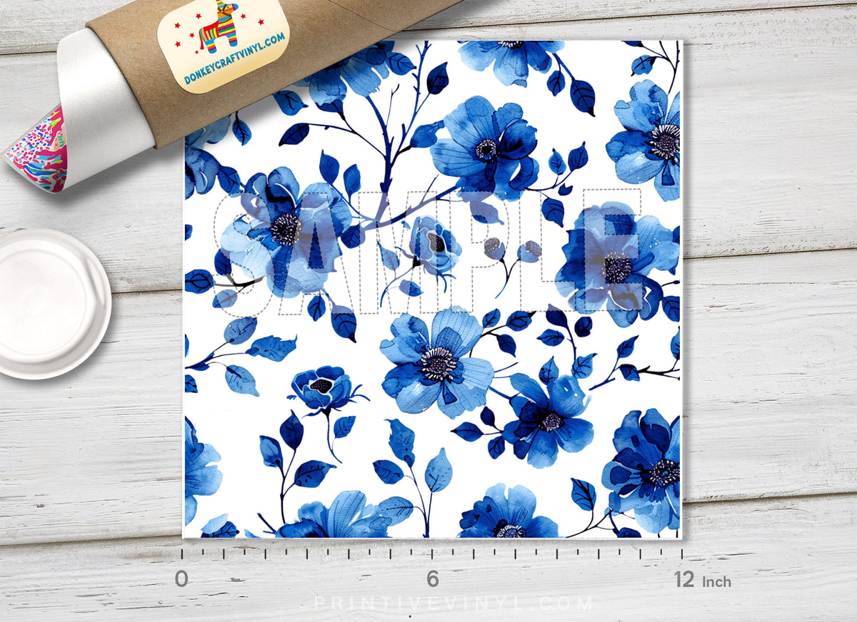 Blue Watercolor Floral Adhesive Vinyl 1698
