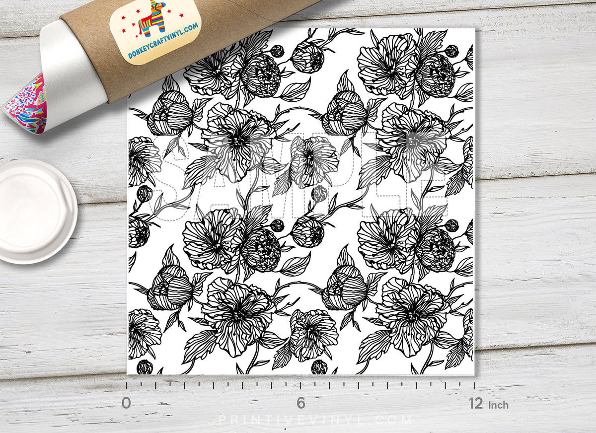 Black and White Floral HTV 1658 - Donkey Craft Vinyl