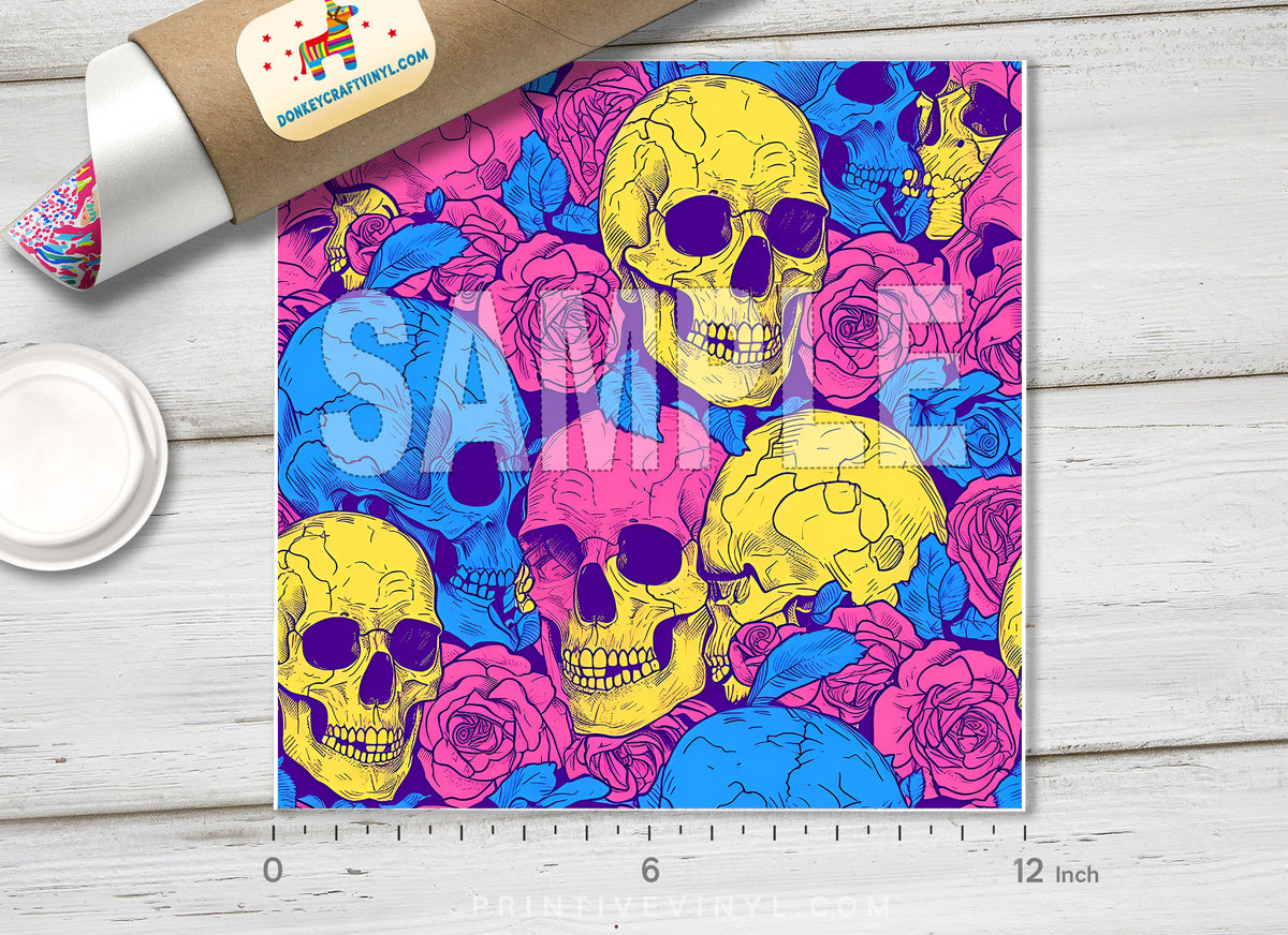 Vibrant Neon Skulls and Roses HTV 1699