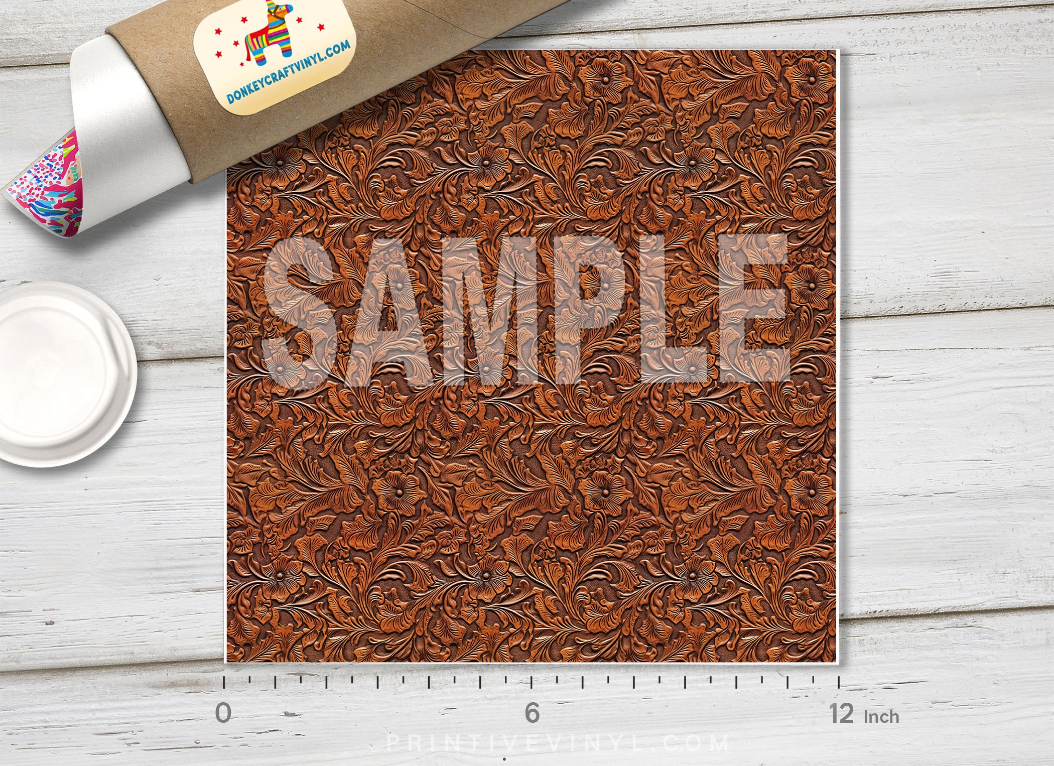 Rustic Brown Faux Tooled Leather Floral Adhesive Vinyl 1654 - Donkey Craft Vinyl