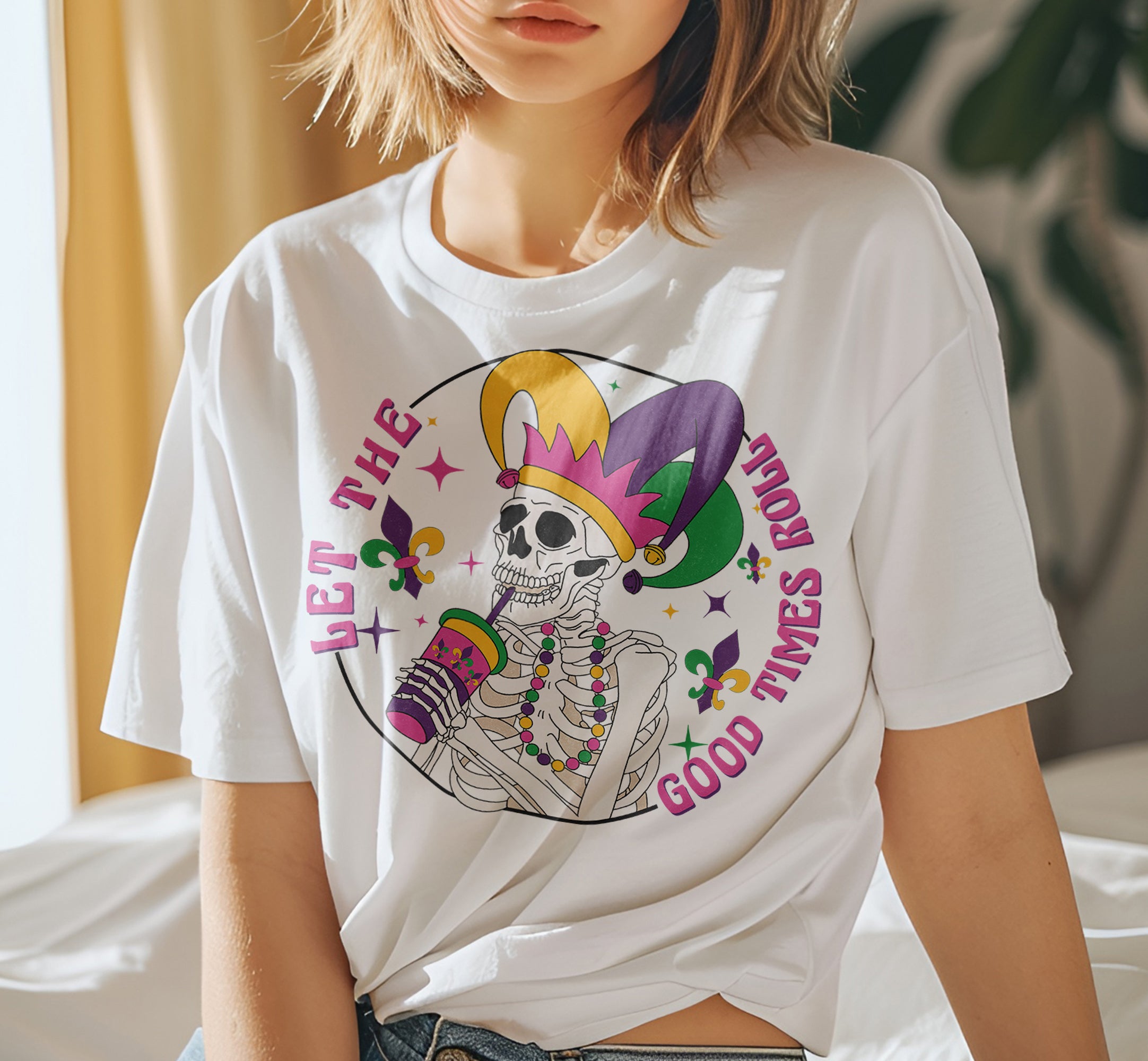 Let The Good Times Roll Mardi Gras Skeleton Jester DTF Transfer, Ready to Press DTF509