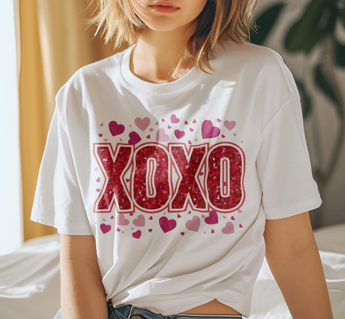 XOXO Red Glitter Effect Hearts Valentine DTF Transfer, Ready to Press DTF512