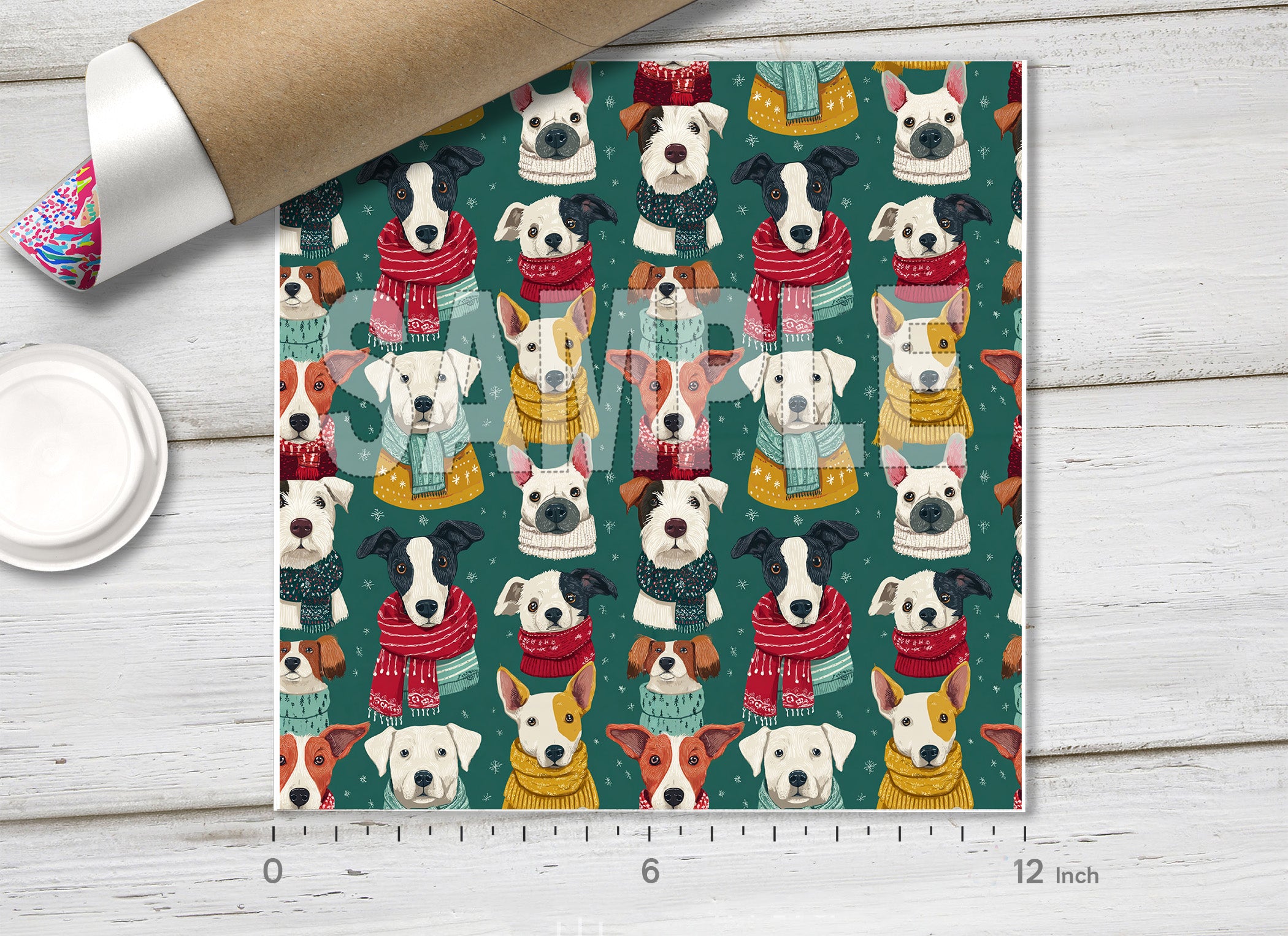 Winter Dogs in Scarves Pattern Adhesive Vinyl 1745