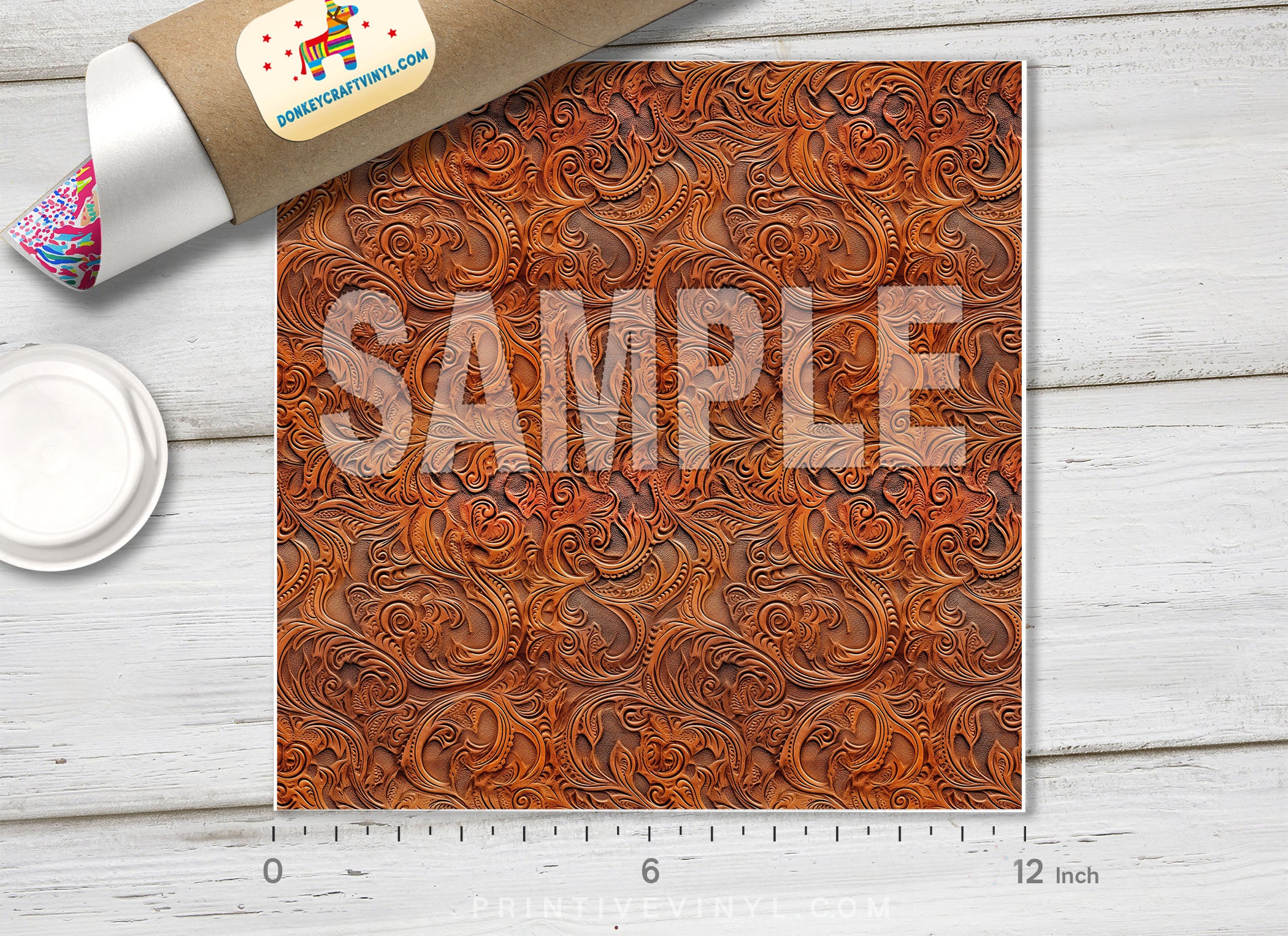 Rustic Brown Faux Tooled Leather Floral Adhesive Vinyl 1654 - Donkey Craft Vinyl