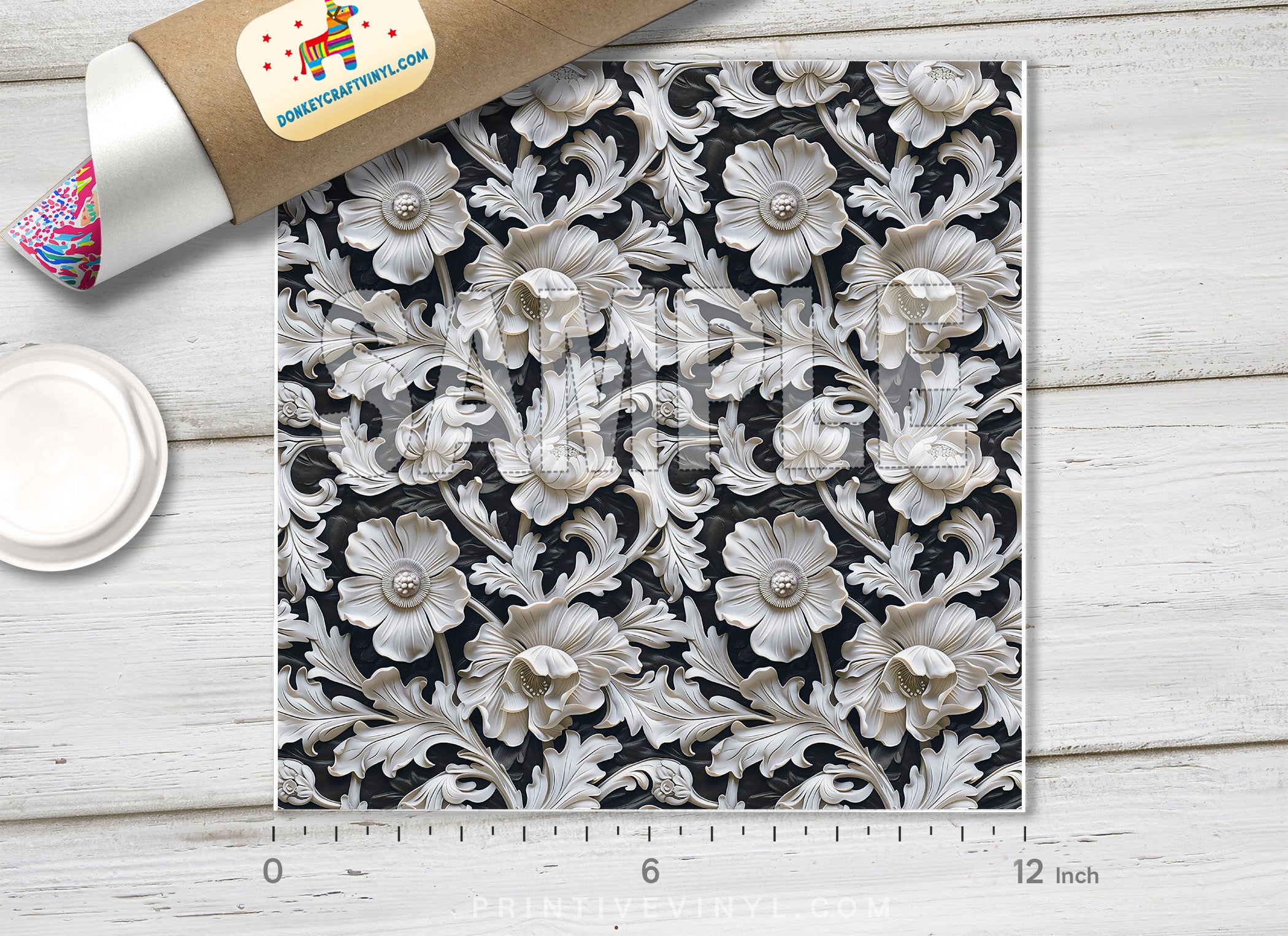 Elegant White Floral Carving Adhesive Vinyl 1684