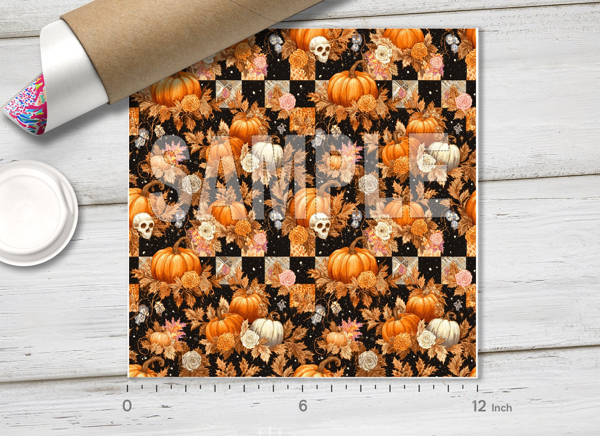 Halloween Pumpkin & Skull Checkerboard Adhesive Vinyl 1730