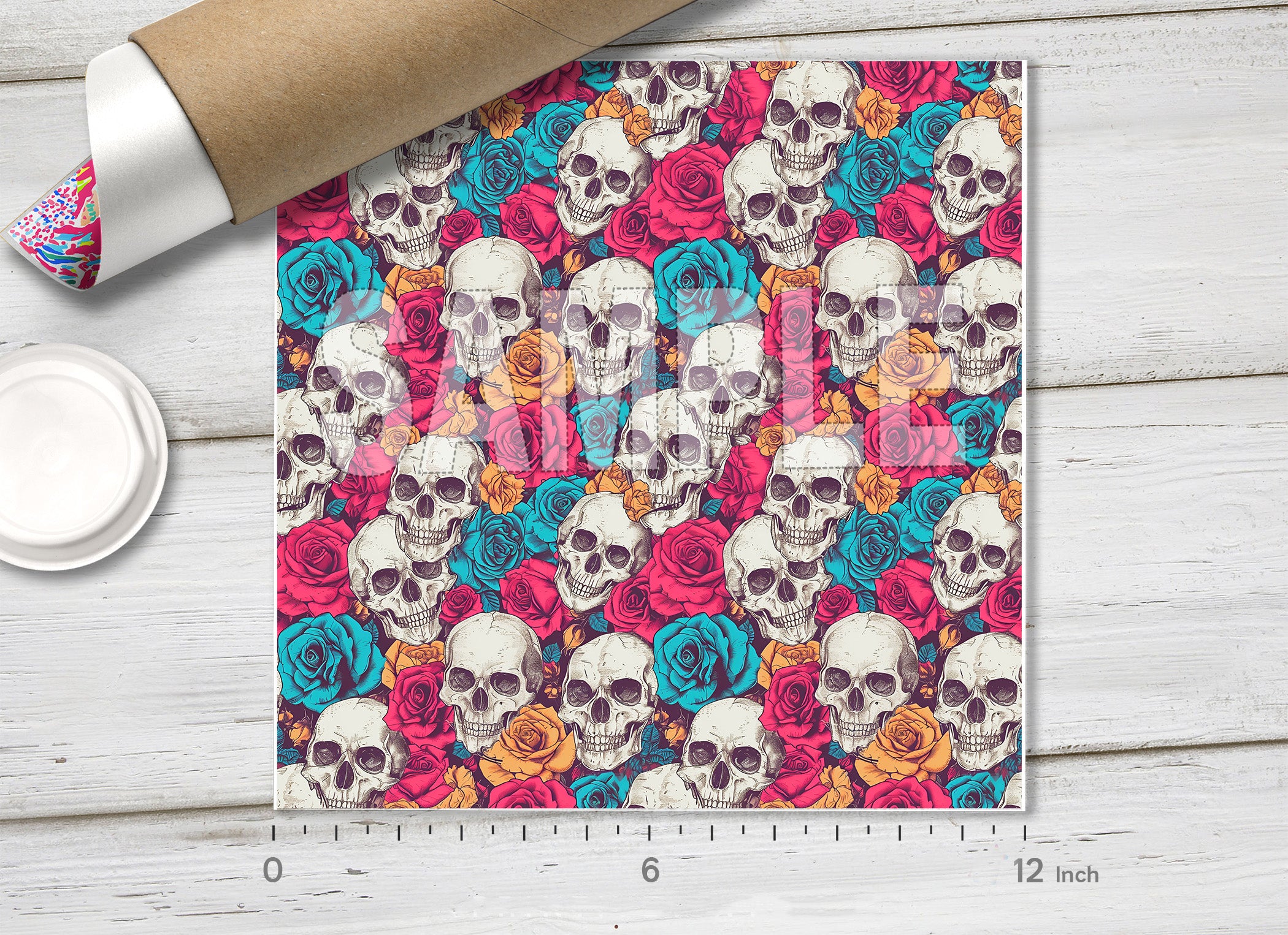 Vintage Skulls and Colorful Roses HTV 1700