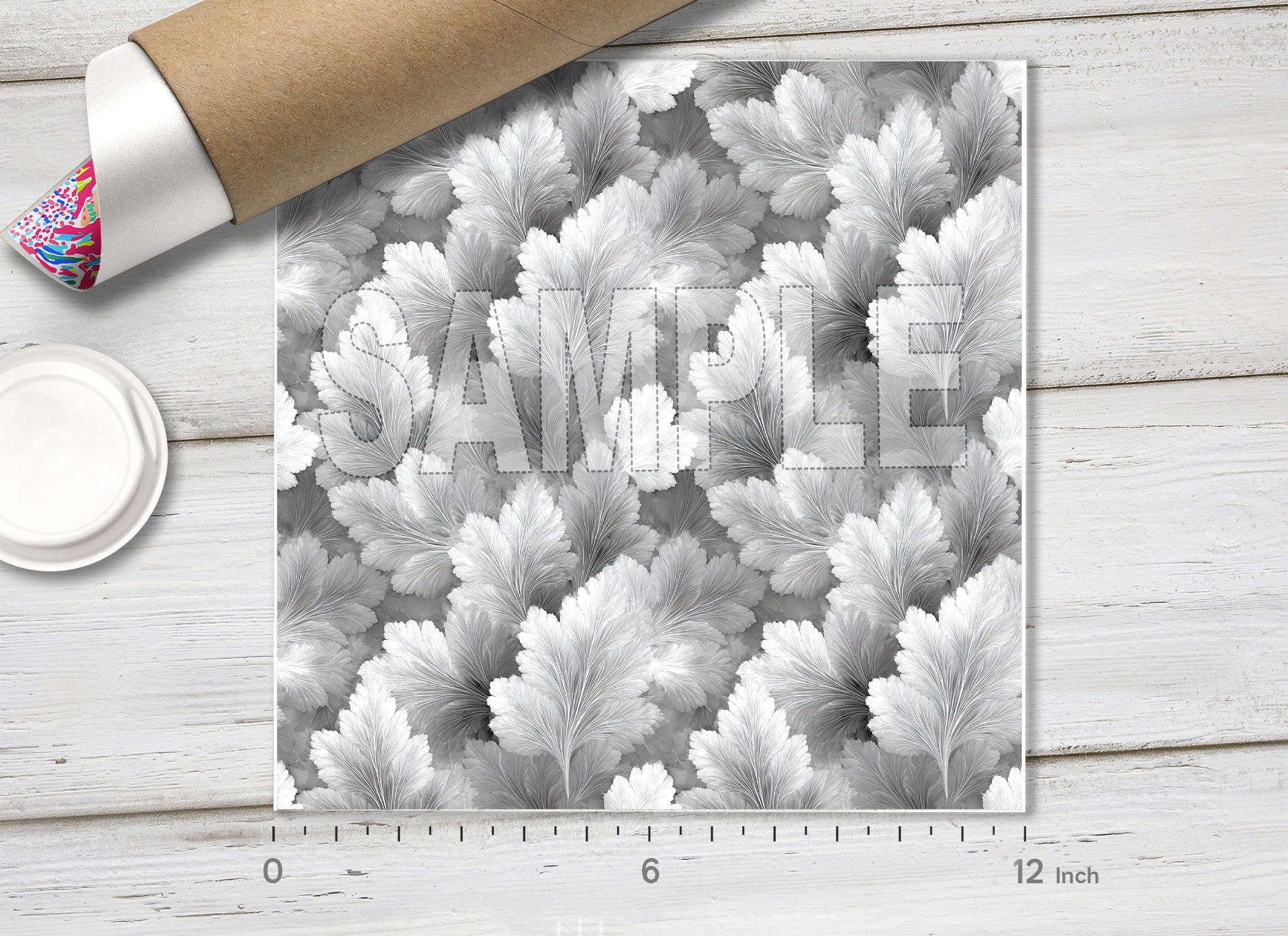 Grey Frosted Fern Leaves Patterned HTV 1728